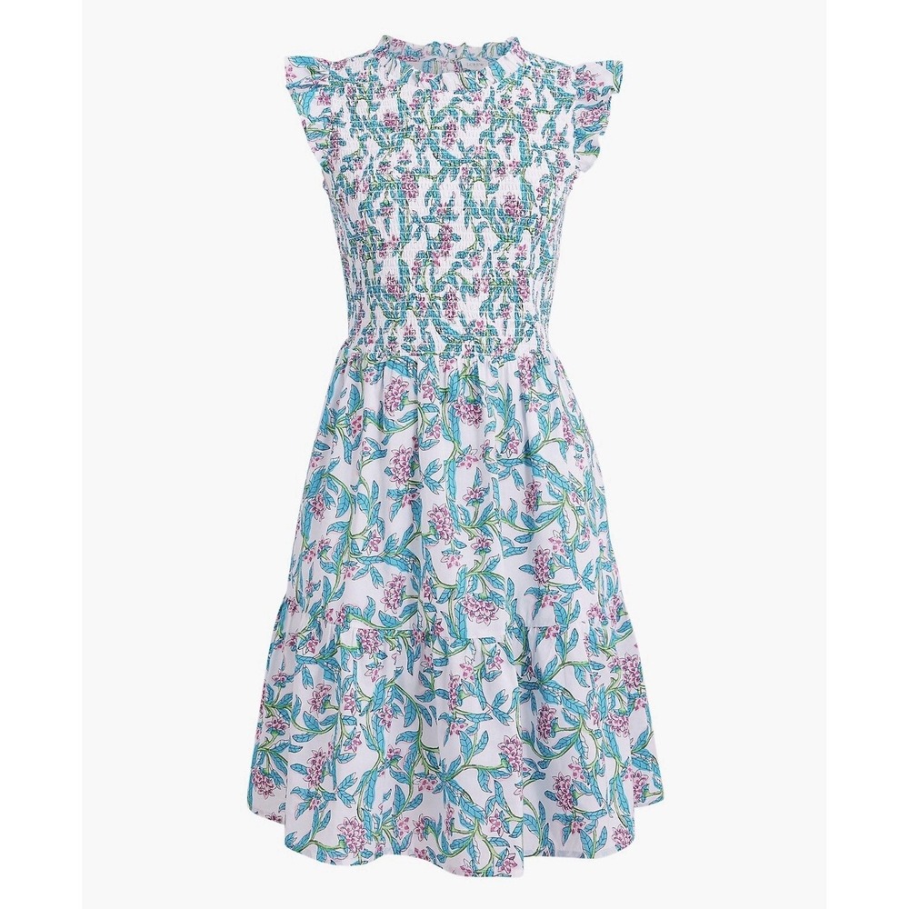 J Crew Colorful Floral Paisley Smocked Mock Neck Midi Dress White Pink XXS